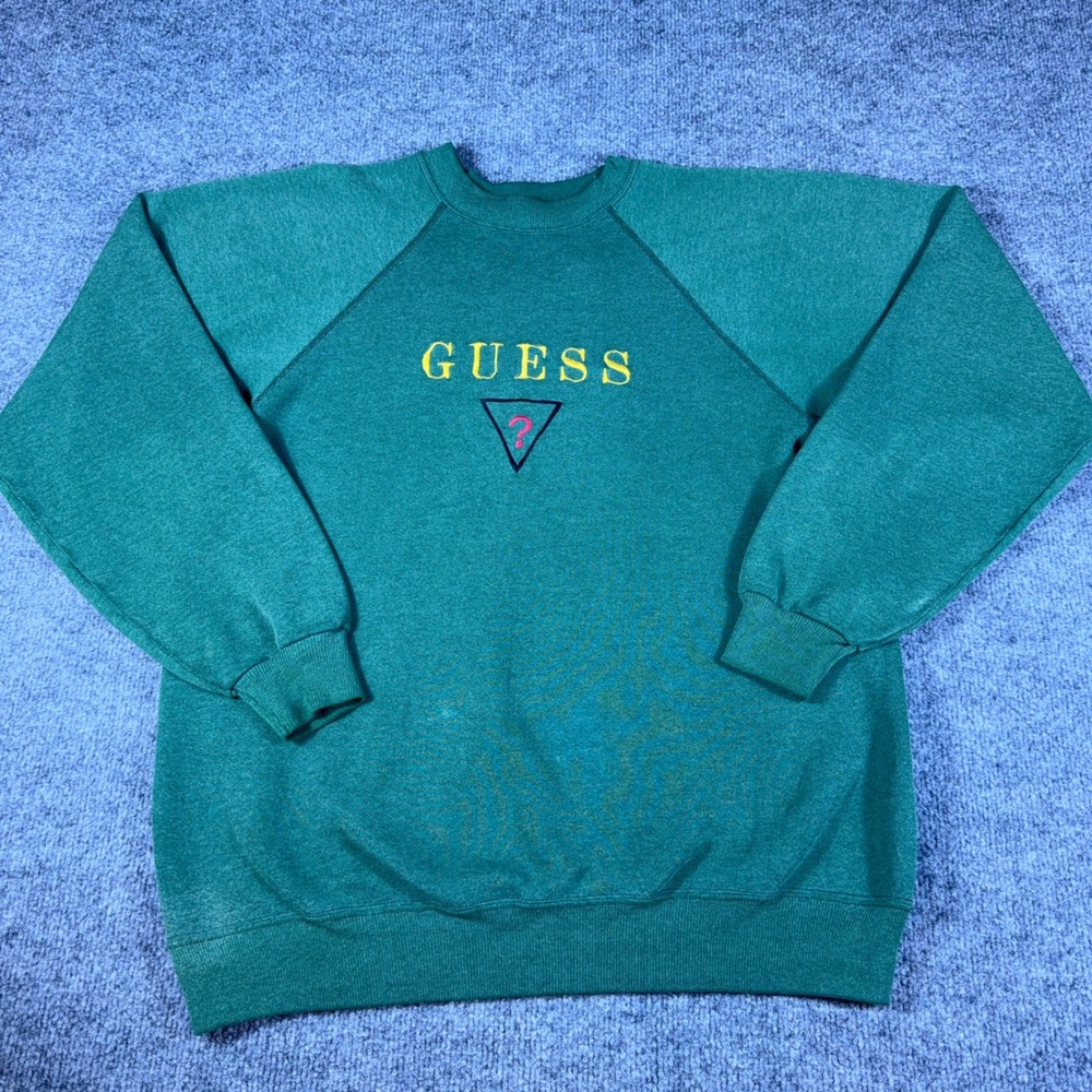 Vintage Guess Sweatshirt XL Green Embroidered Triangle Logo‎ Hanes 80s Crewneck